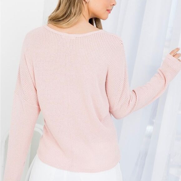 PINK DEEP V-NECKLINE FRONT BUTTON & TIE-TWIST KNITTED LONG SLEEVE TOP. NEW ITEM! - Picture 6 of 7